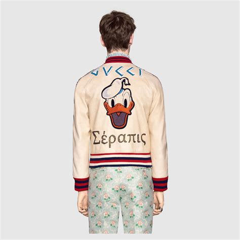 gucci leather bomber jacket with donald duck appliqués|Gucci Donald Duck bomber jacket.